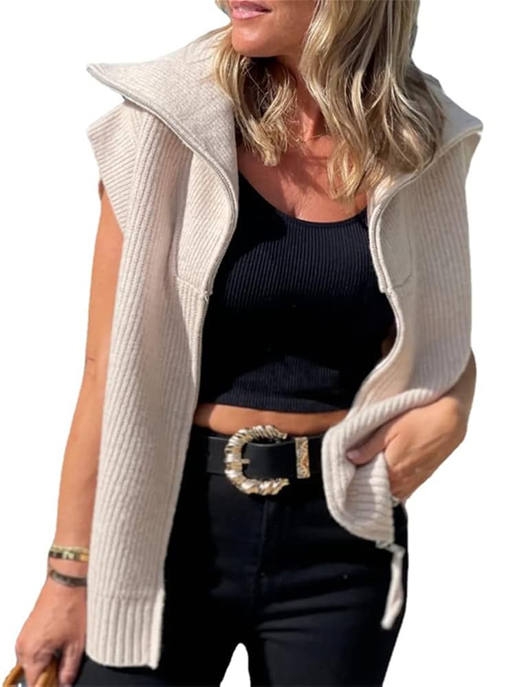 HOULENGS Women's Oversized Ribbed Knit Sweater Vest